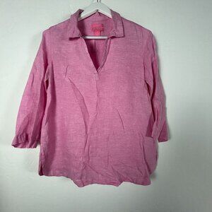 Isaac Mizrahi Womens Linen Pink 3/4 Sleeve Popover Collared Blouse Top Small